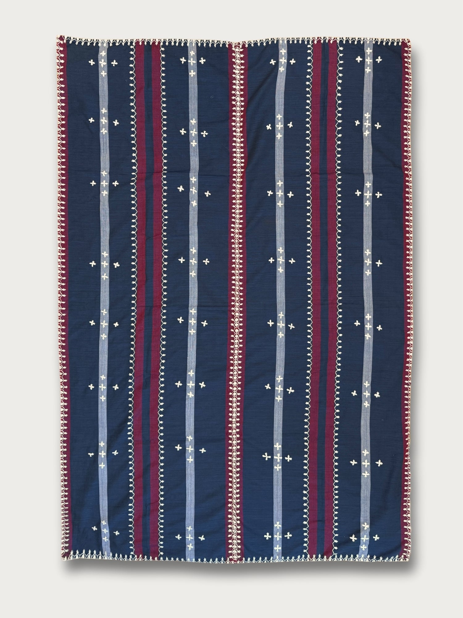 Handloomed and Embroidered Tapis- Striped Navy and Maroon