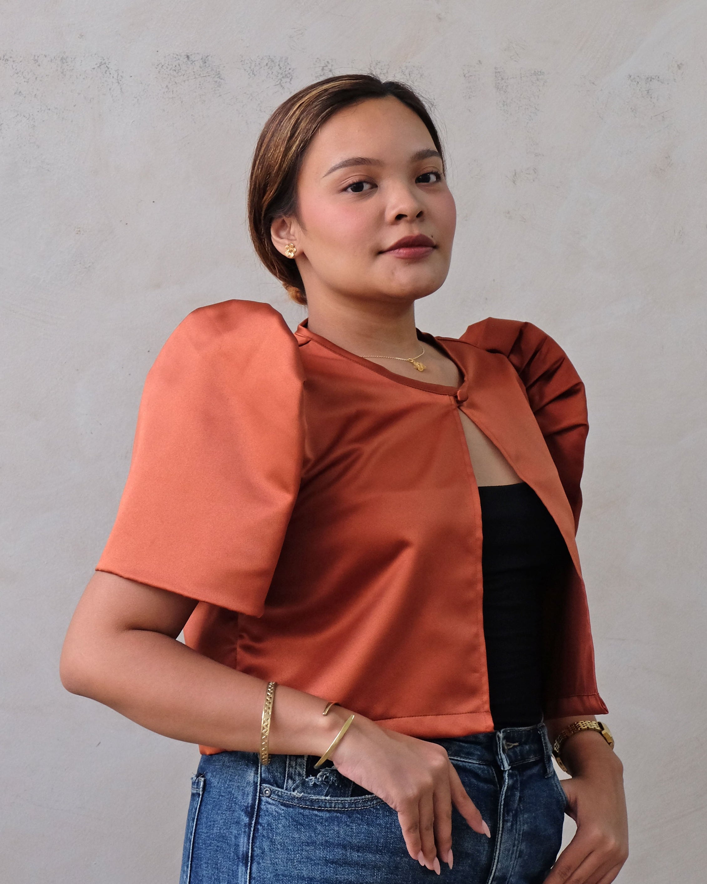 Modern Filipiniana-Satin Butterfly Sleeve Bolero - Terracotta - Narra Studio-available in NYC USA