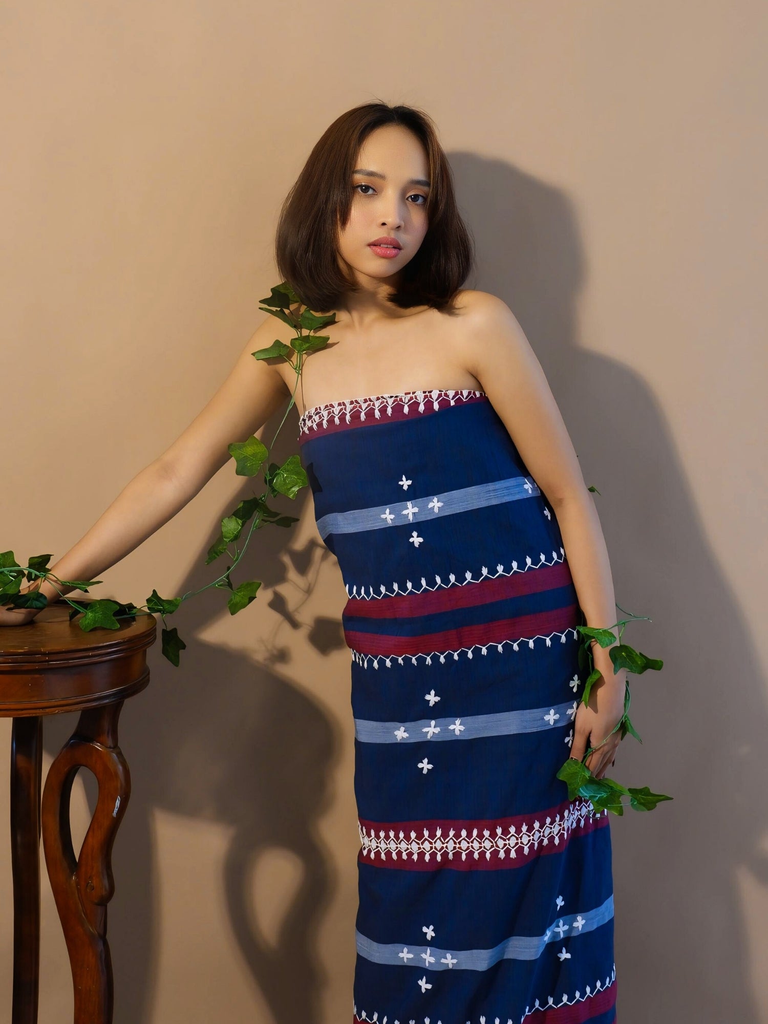 Handloomed and Embroidered Tapis- Striped Navy and Maroon