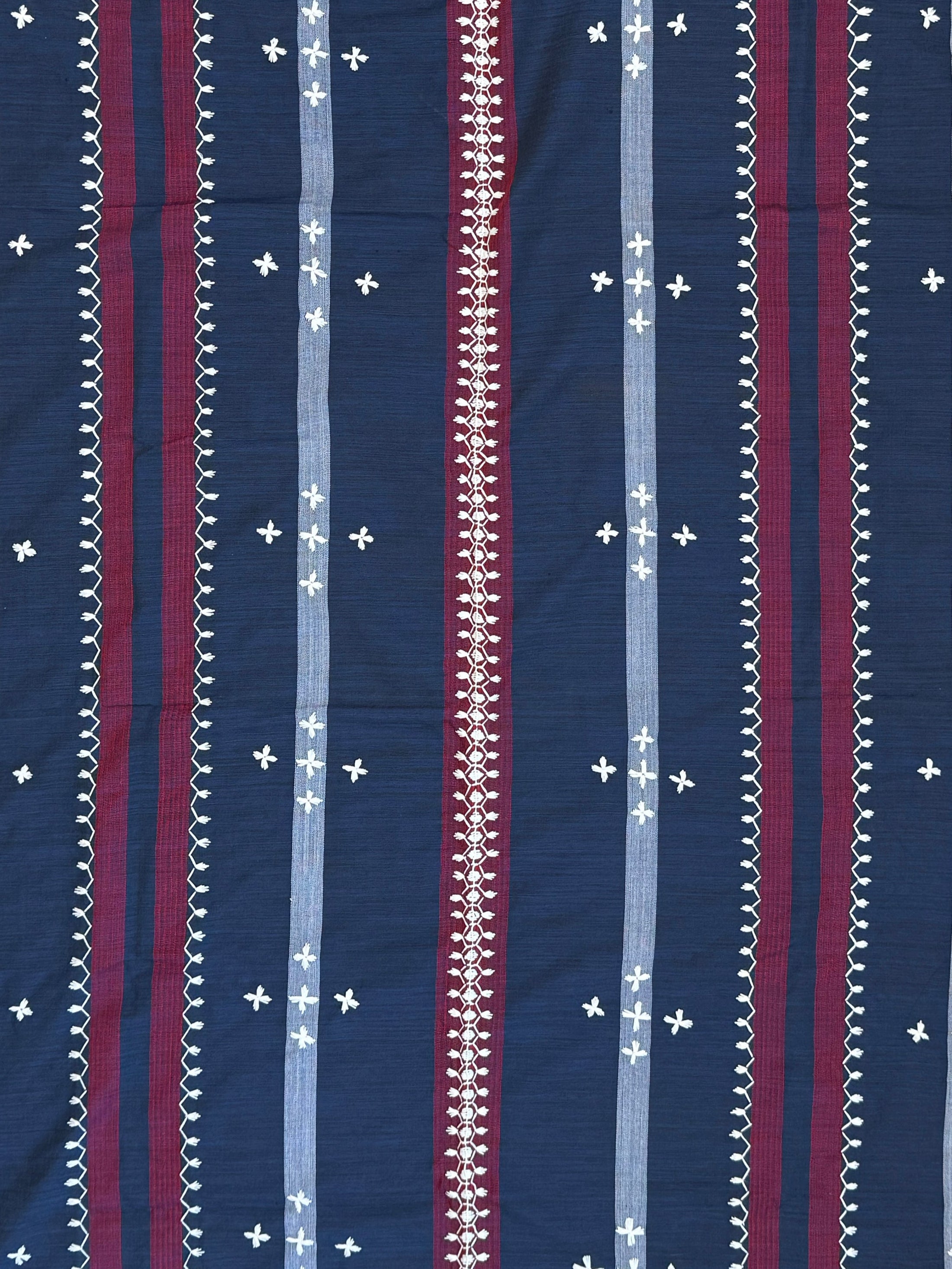 Handloomed and Embroidered Tapis- Striped Navy and Maroon
