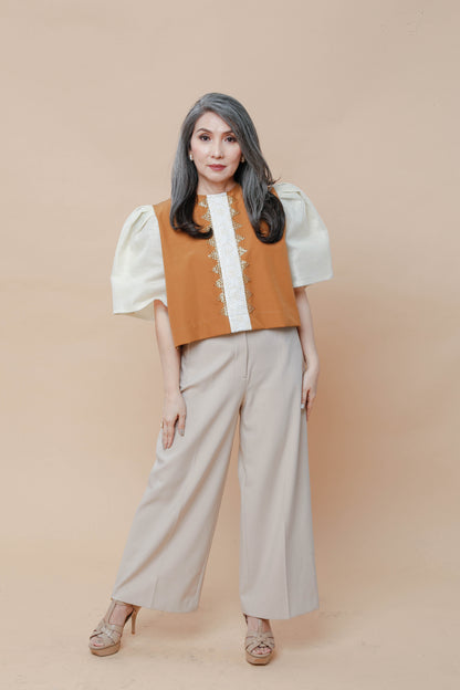 Modern Filipiniana-Blusa Brown Cream with Beadworks - Narra Studio-available in NYC USA