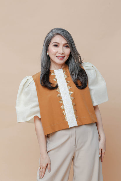 Modern Filipiniana-Blusa Brown Cream with Beadworks - Narra Studio-available in NYC USA