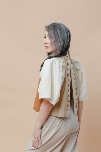 Modern Filipiniana-Blusa Brown Cream with Beadworks - Narra Studio-available in NYC USA