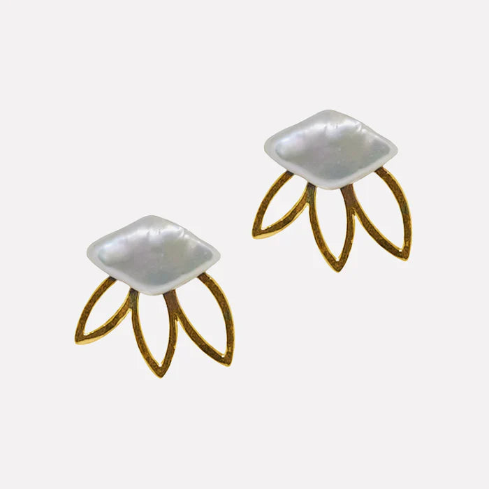 Perla Vida Stack Earrings with South Sea baroque pearls and brass accents.