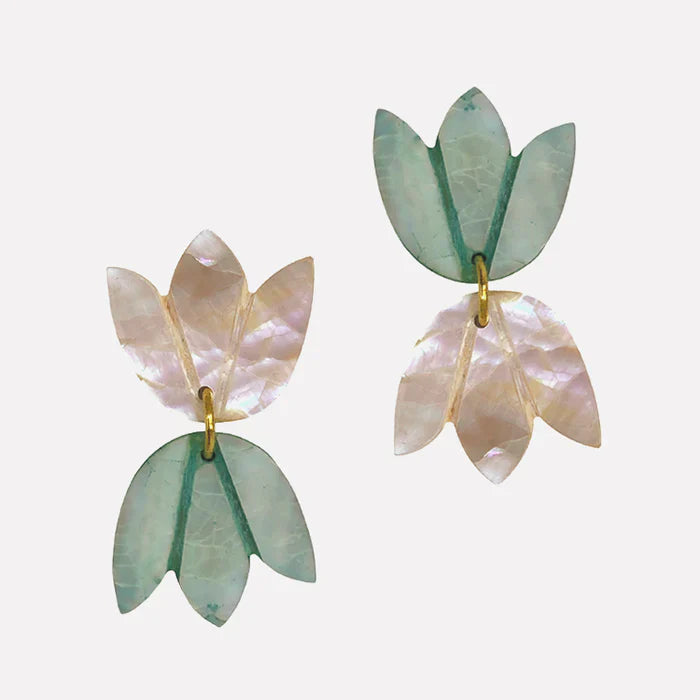 Guita Drop Women’s Earrings
Hand-carved floral earrings by Arete featuring layered petals in pearlescent and green tones.