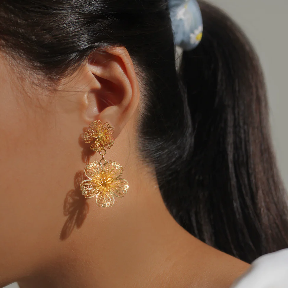 Modern Filipiniana-2-Way Carnation Filigree Detachable Double Drop Earrings - Gold - Narra Studio-available in NYC USA