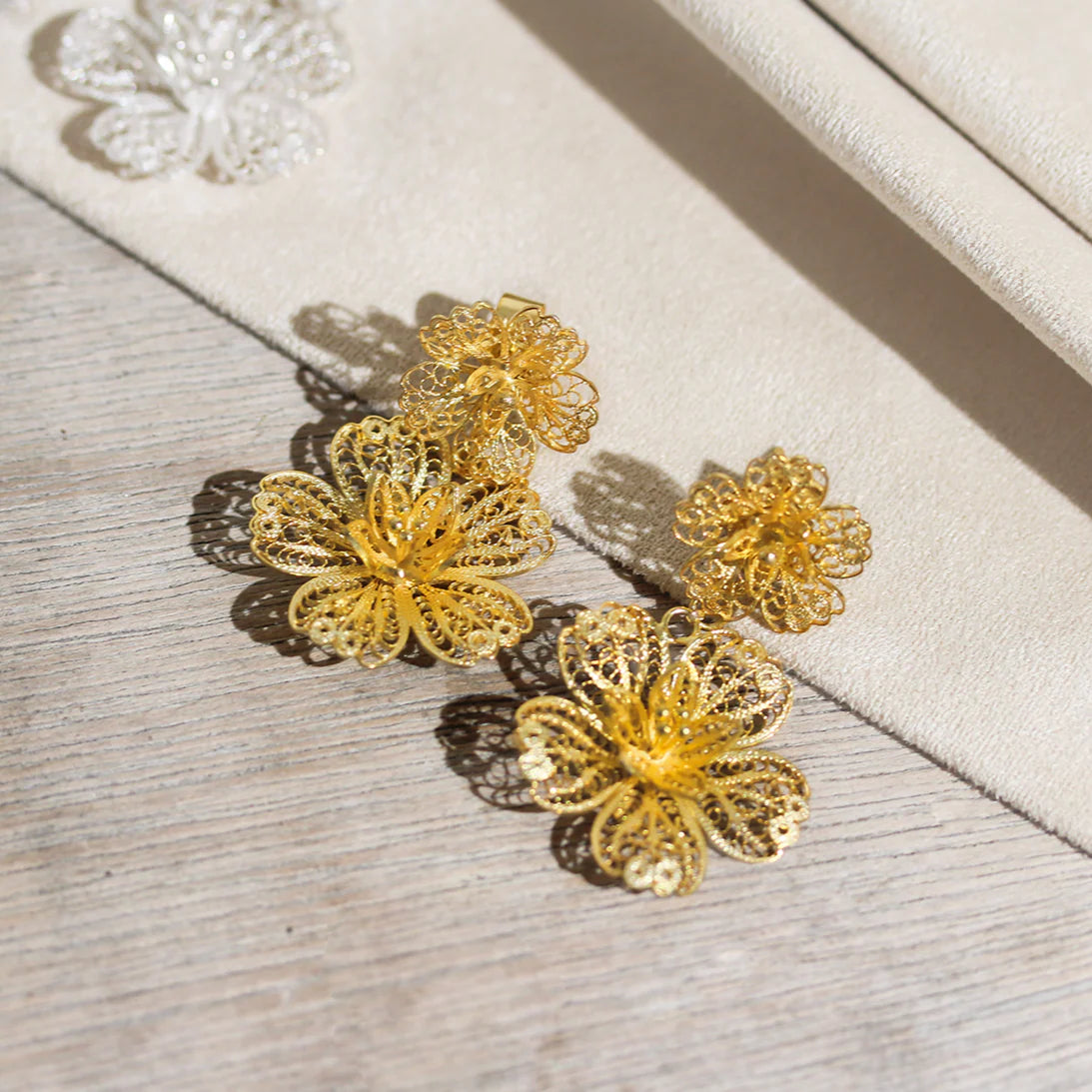 Modern Filipiniana-2-Way Carnation Filigree Detachable Double Drop Earrings - Gold - Narra Studio-available in NYC USA