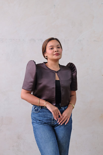 Modern Filipiniana-Satin Butterfly Sleeve Bolero - Plum - Size S - Narra Studio-available in NYC USA