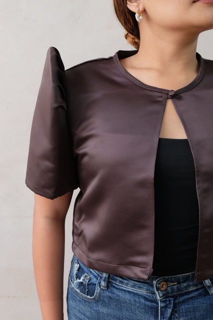 Modern Filipiniana-Satin Butterfly Sleeve Bolero - Plum - Size S - Narra Studio-available in NYC USA