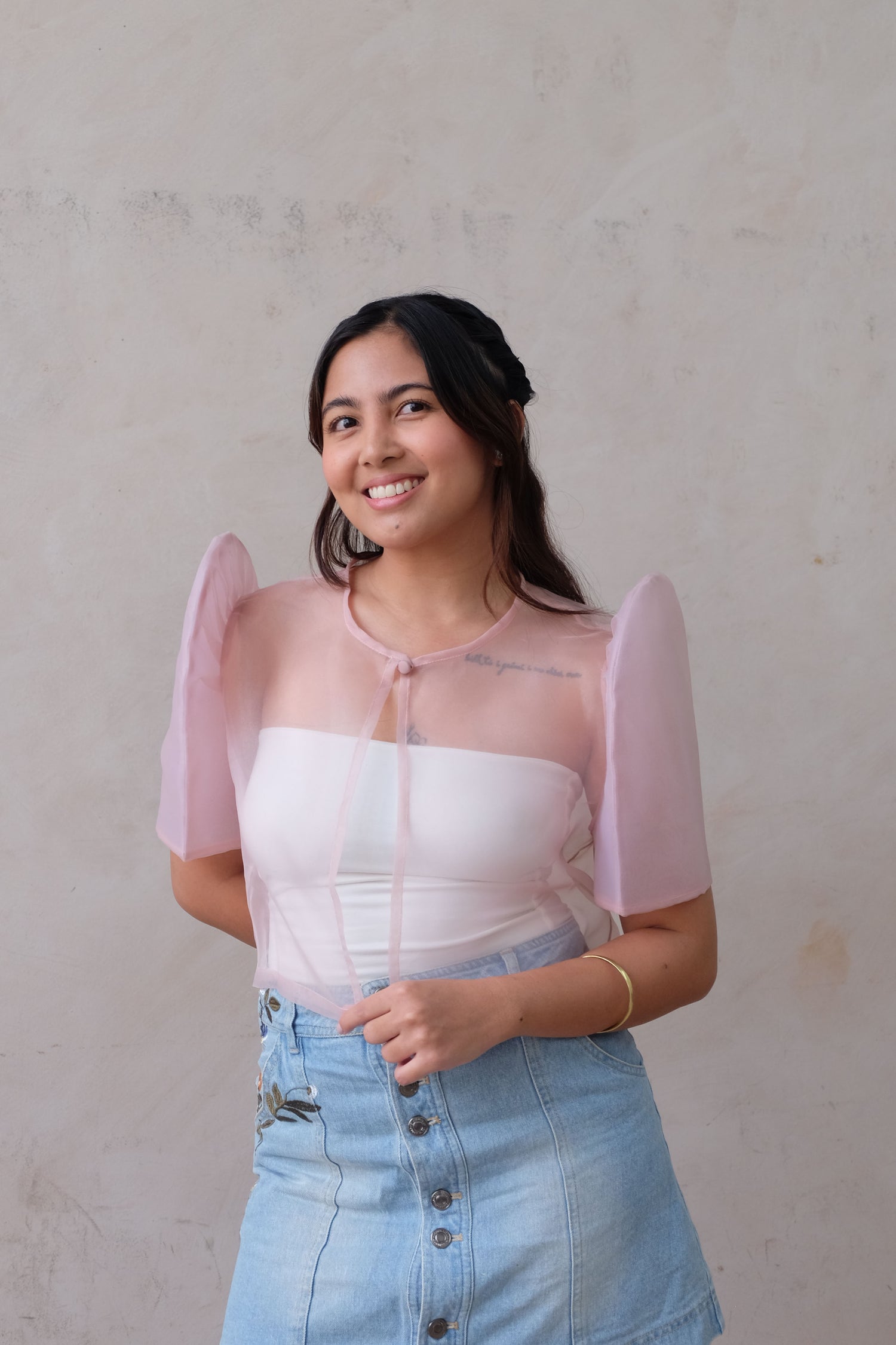 Modern Filipiniana-Sheer Butterfly Sleeve Bolero - Pale Pink - Size S - Narra Studio-available in NYC USA