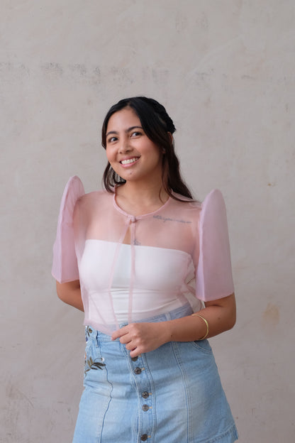Modern Filipiniana-Sheer Butterfly Sleeve Bolero - Pale Pink - Size S - Narra Studio-available in NYC USA