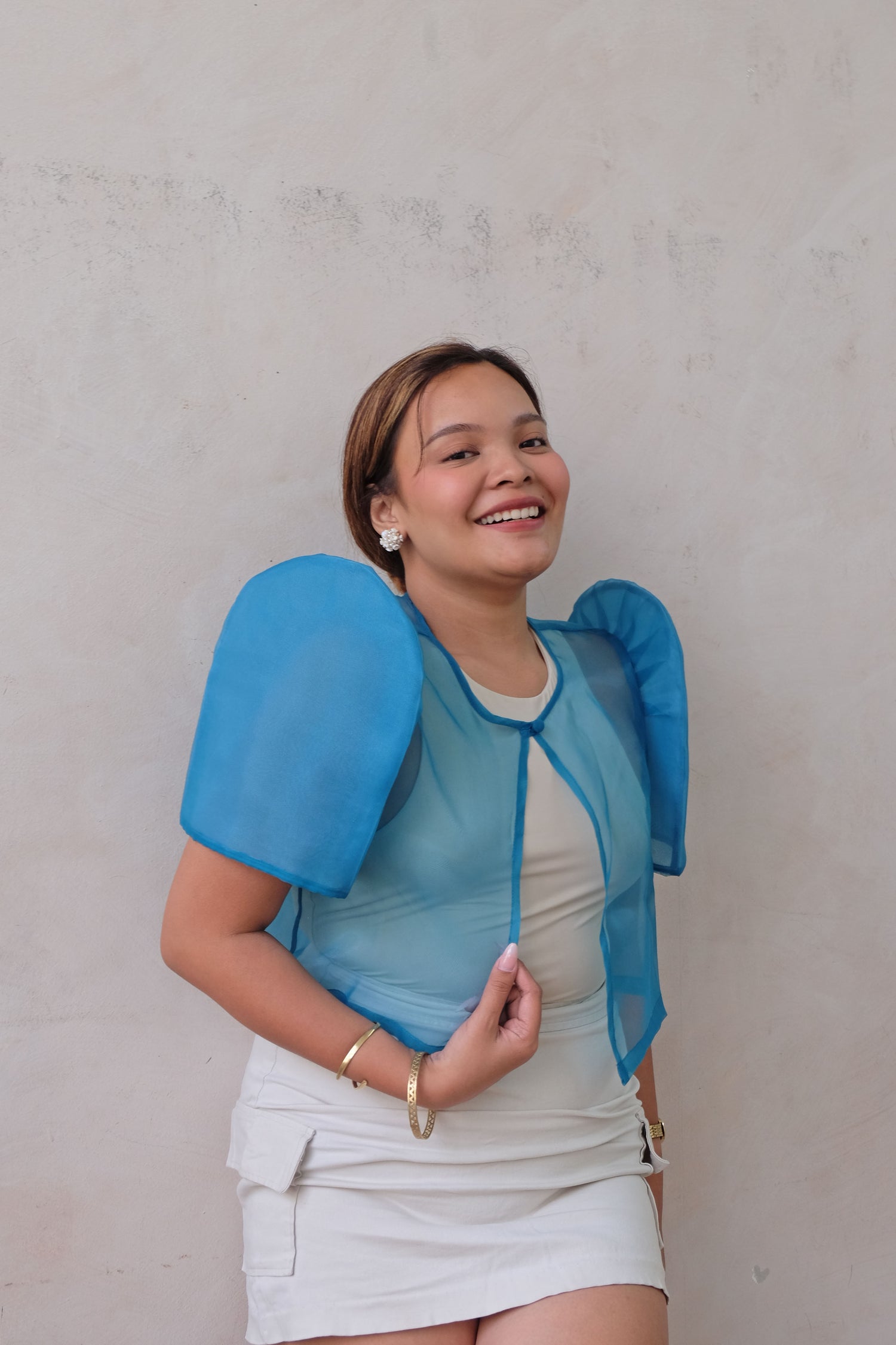 Modern Filipiniana-Sheer Butterfly Sleeve Bolero - Ocean Blue - Size S - Narra Studio-available in NYC USA