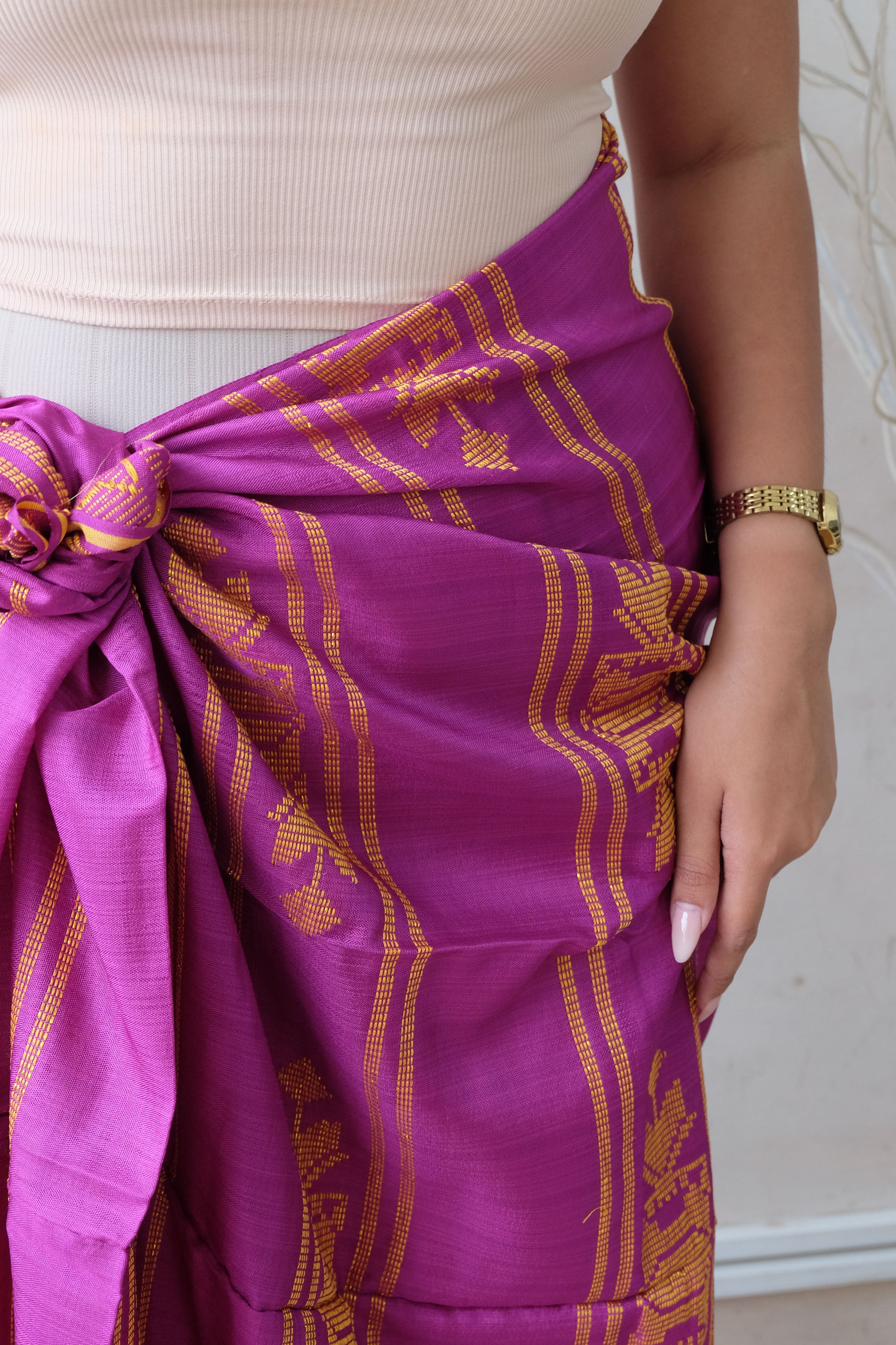 Modern Filipiniana-Handwoven Malong - Fuchsia and Gold - Narra Studio-available in NYC USA