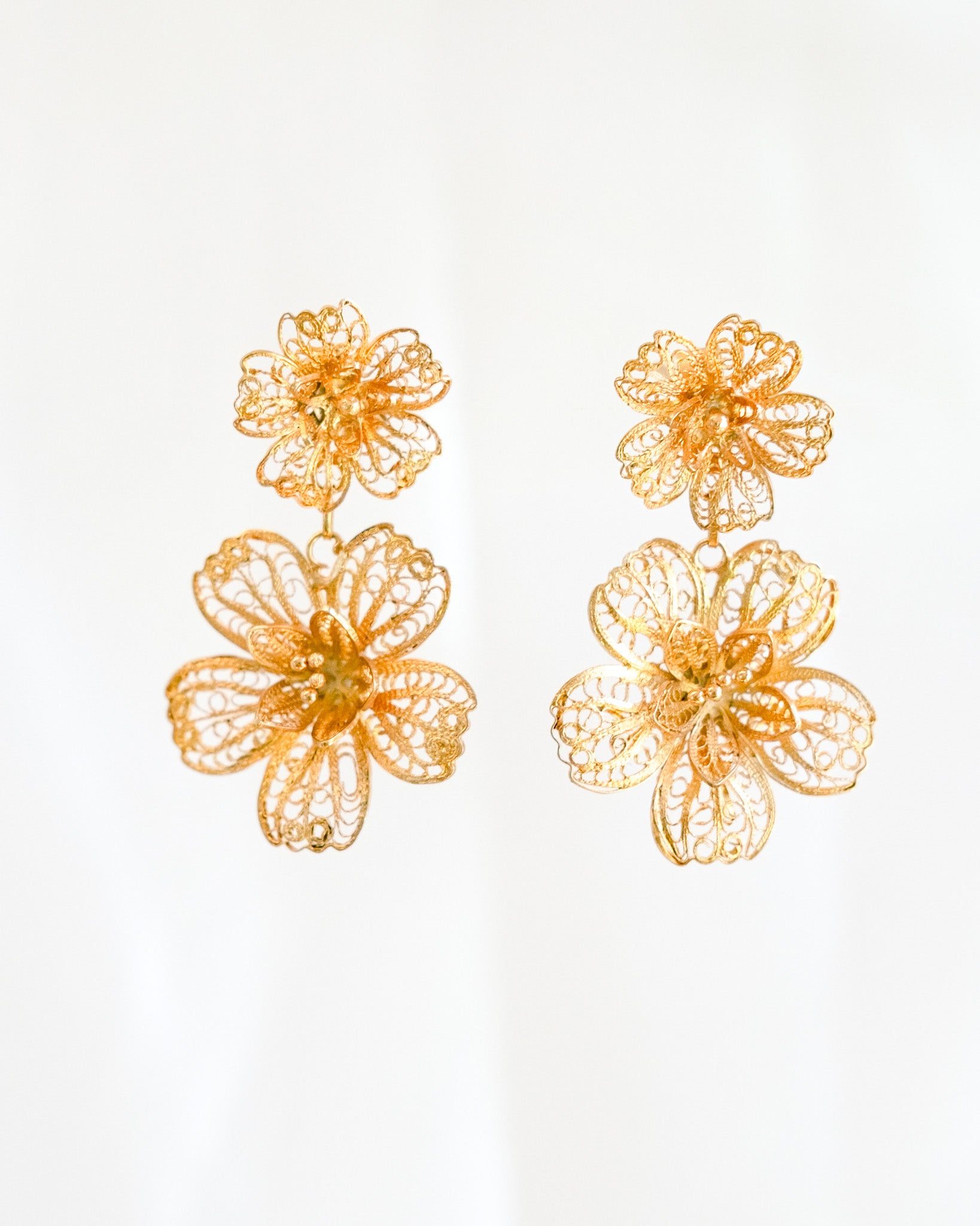 2-Way Carnation Filigree Detachable Double Drop Earrings - Gold | Filipino earrings | Narra Studio
