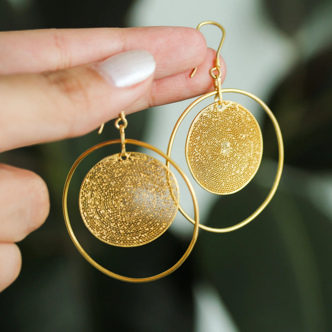 Modern Filipiniana-Dionne Filigree Disc Hoop Dangle - Gold - Narra Studio-available in NYC USA