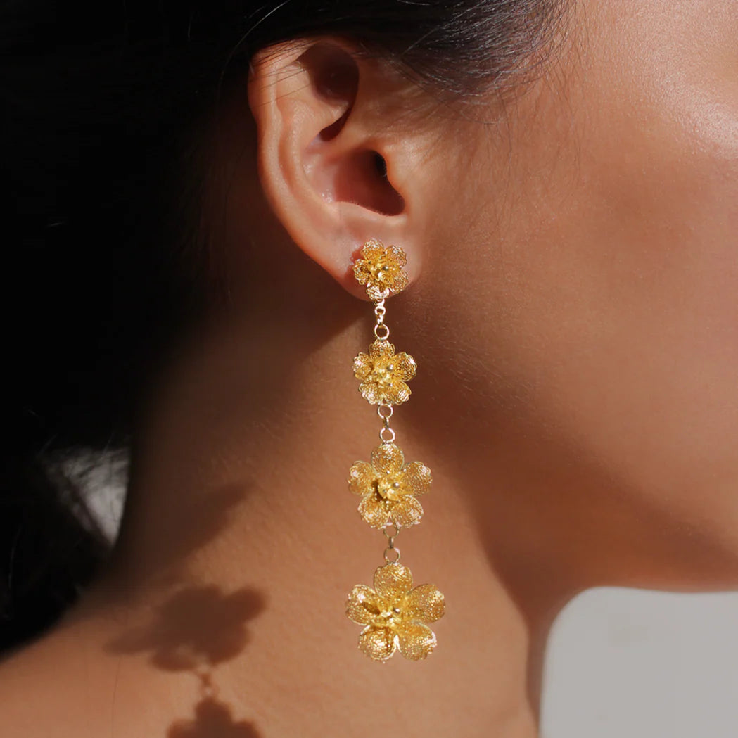 Modern Filipiniana-2-Way Gumamela Filigree Detachable Long Drop Earrings- Gold - Narra Studio-available in NYC USA