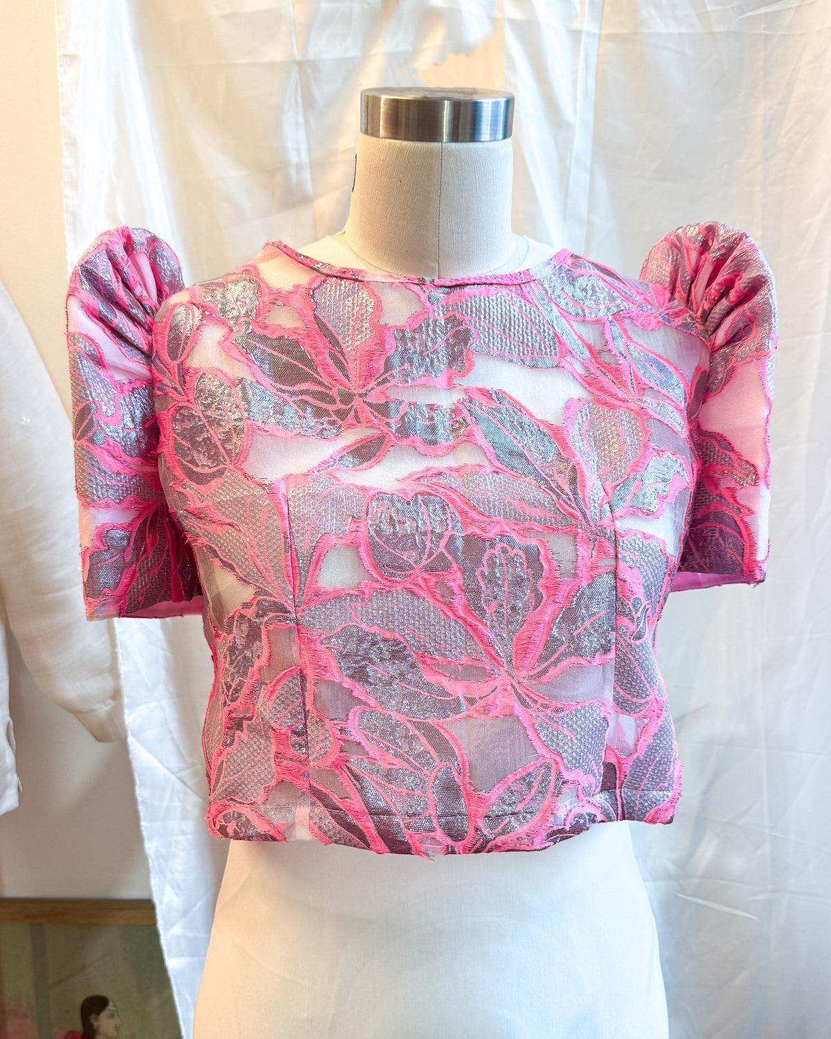 Jacquard Pink Floral Butterfly Sleeve Blouse | Narra Studio