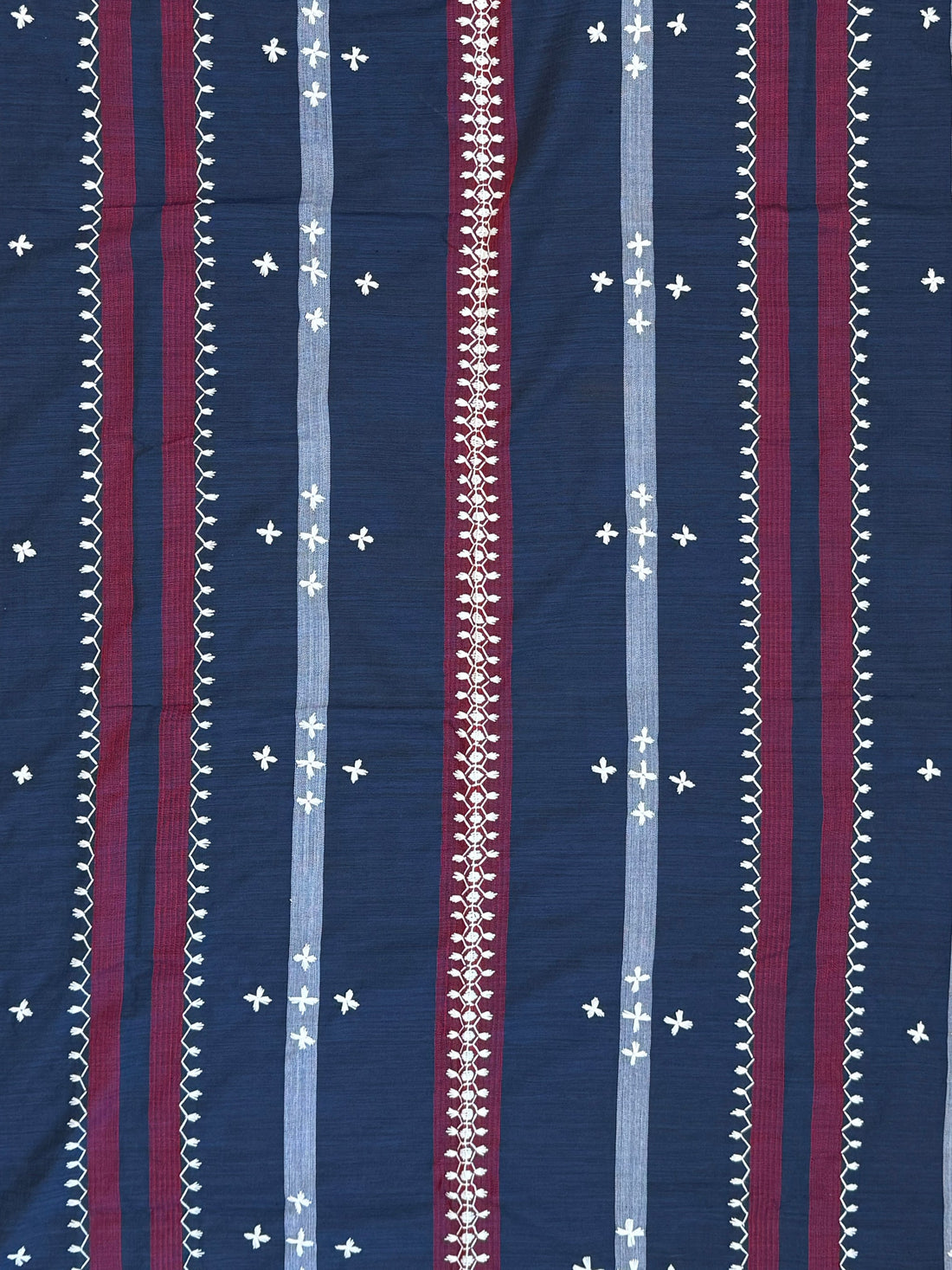Handloomed and Embroidered Tapis- Striped Navy and Maroon