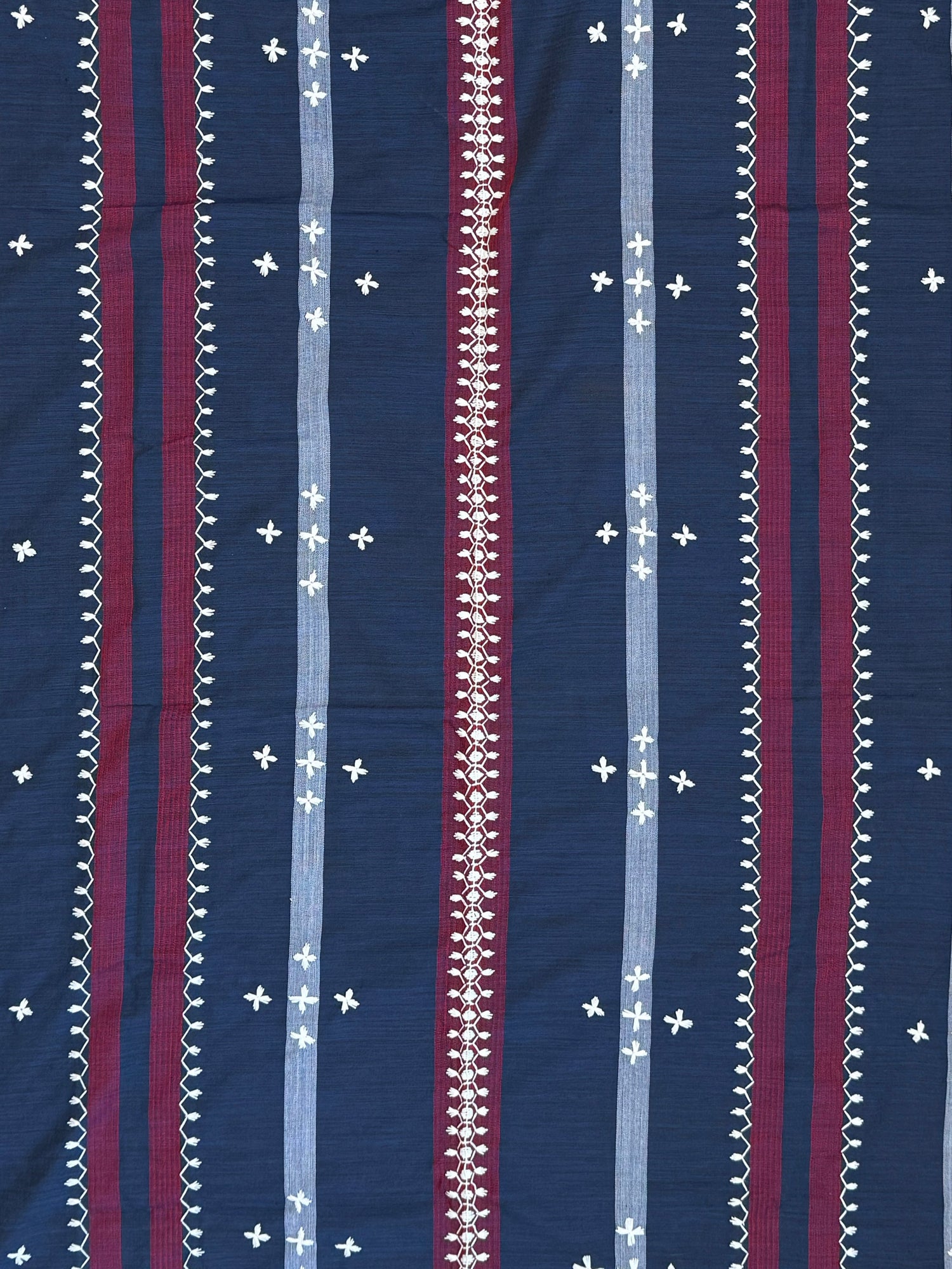 Handloomed and Embroidered Tapis- Striped Navy and Maroon
