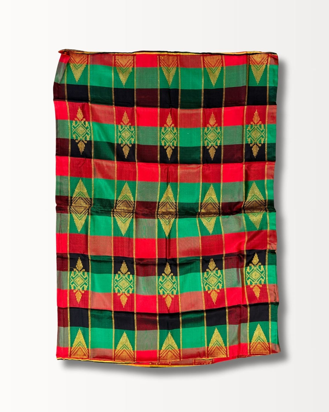 Handwoven Malong with red, green, and black stripes, featuring gold geometric patterns.