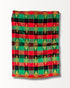 Handwoven Malong with red, green, and black stripes, featuring gold geometric patterns.