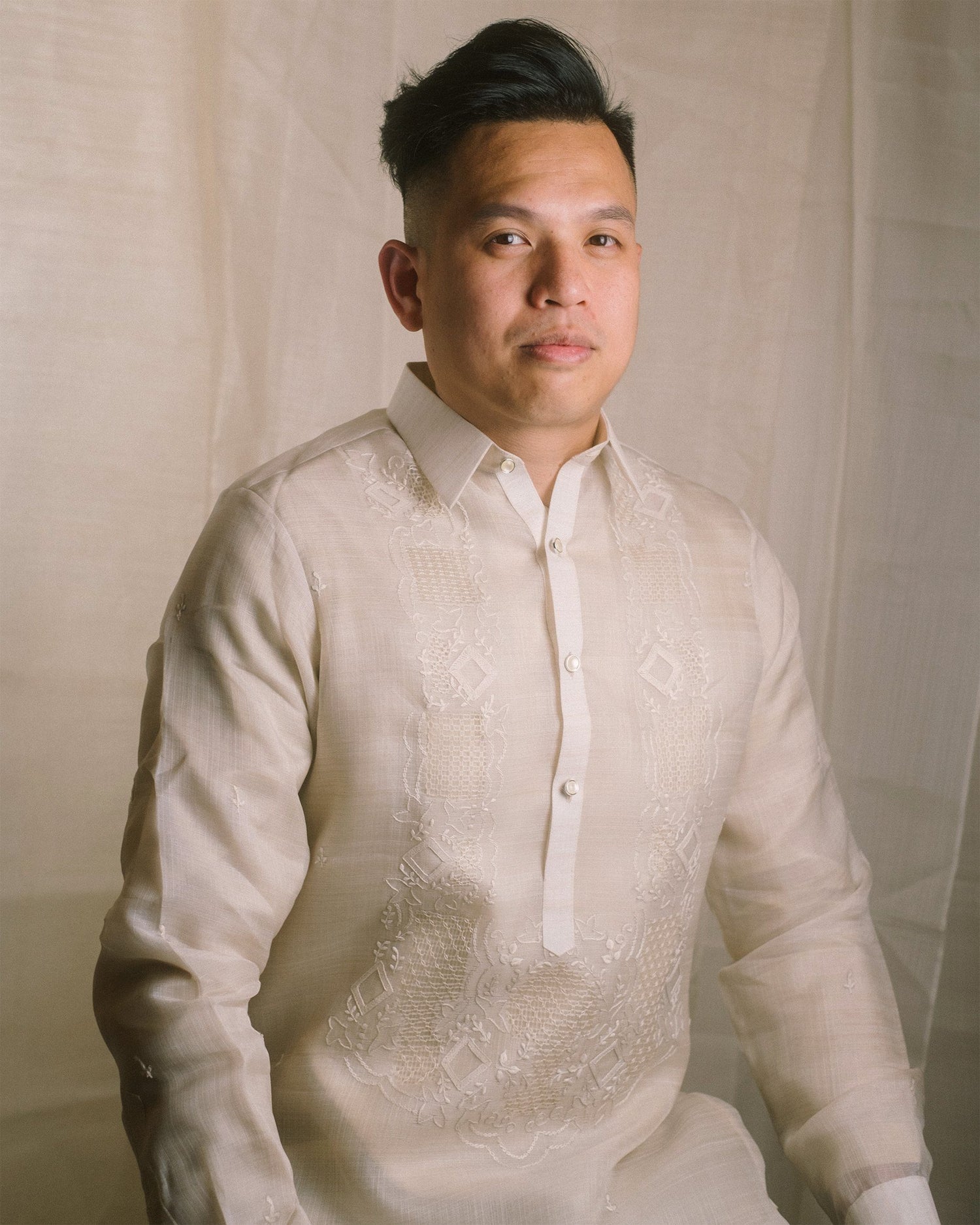 A Made-To-Order Silk Organza Barong Tagalog with hand embroidery, a traditional Filipino cultural clothing piece handcrafted in Lumban.