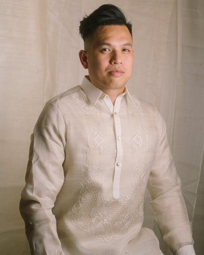 A Made-To-Order Silk Organza Barong Tagalog with hand embroidery, a traditional Filipino cultural clothing piece handcrafted in Lumban.