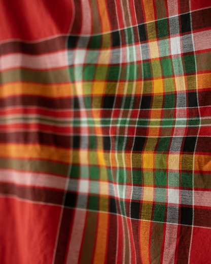 A handwoven Tboli malong in standard length, featuring traditional plaid patterns in bold red, green, yellow, black, and white. The fabric showcases vibrant, intersecting stripes and fine craftsmanship.
