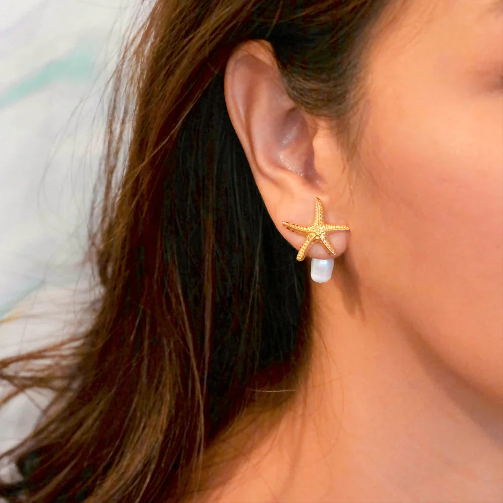 Tala Two-Way Earrings women’s earrings. Gold-tone starfish earrings with baroque pearl drops, handcrafted by Filipino artisans. Two-way design celebrating coastal Filipino heritage.