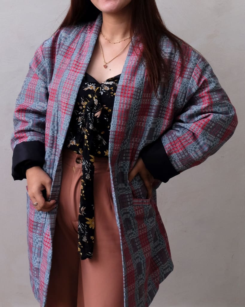 Gray And Red Checked Kusikus Jacket - One Of A Kind Unisex Jacket