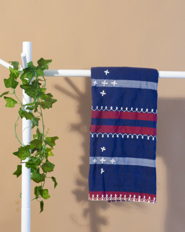 Handloomed And Embroidered Navy Blue Tapis With Maroon White Accents