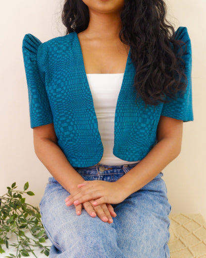 Handwoven Kalinga Cropped Bolero - Cerulean Tufts Blue Women’s Blouse