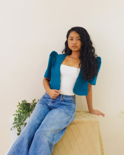 Handwoven Kalinga Cropped Bolero - Cerulean Tufts Blue Women’s Blouse