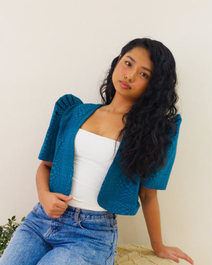 Handwoven Kalinga Cropped Bolero - Cerulean Tufts Blue Women’s Blouse