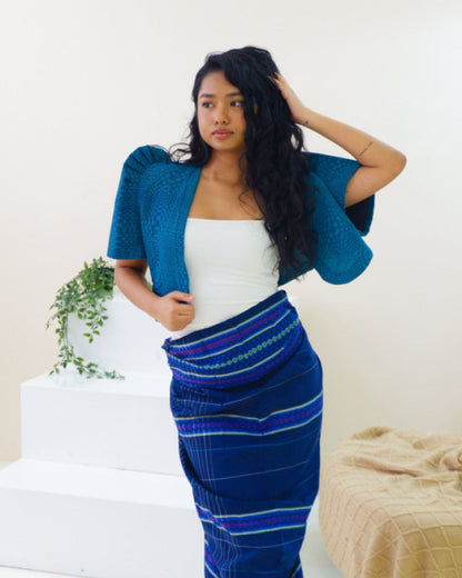 Handwoven Kalinga Cropped Bolero - Cerulean Tufts Blue Women’s Blouse