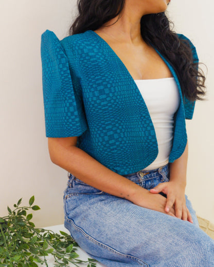 Handwoven Kalinga Cropped Bolero - Cerulean Tufts Blue Women’s Blouse