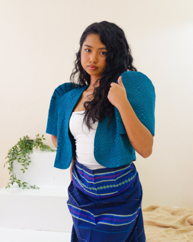 Handwoven Kalinga Cropped Bolero - Cerulean Tufts Blue Women’s Blouse