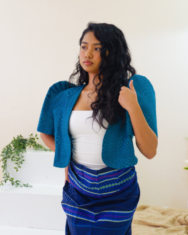 Handwoven Kalinga Cropped Bolero - Cerulean Tufts Blue Women’s Blouse