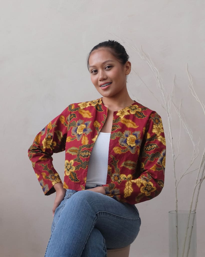 Red Batik Crop Top Jacket Womens Blouse