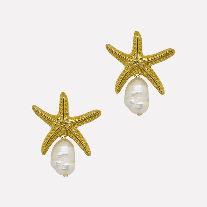 Tala Two-Way Earrings women’s earrings. Gold-tone starfish earrings with baroque pearl drops, handcrafted by Filipino artisans. Two-way design celebrating coastal Filipino heritage.