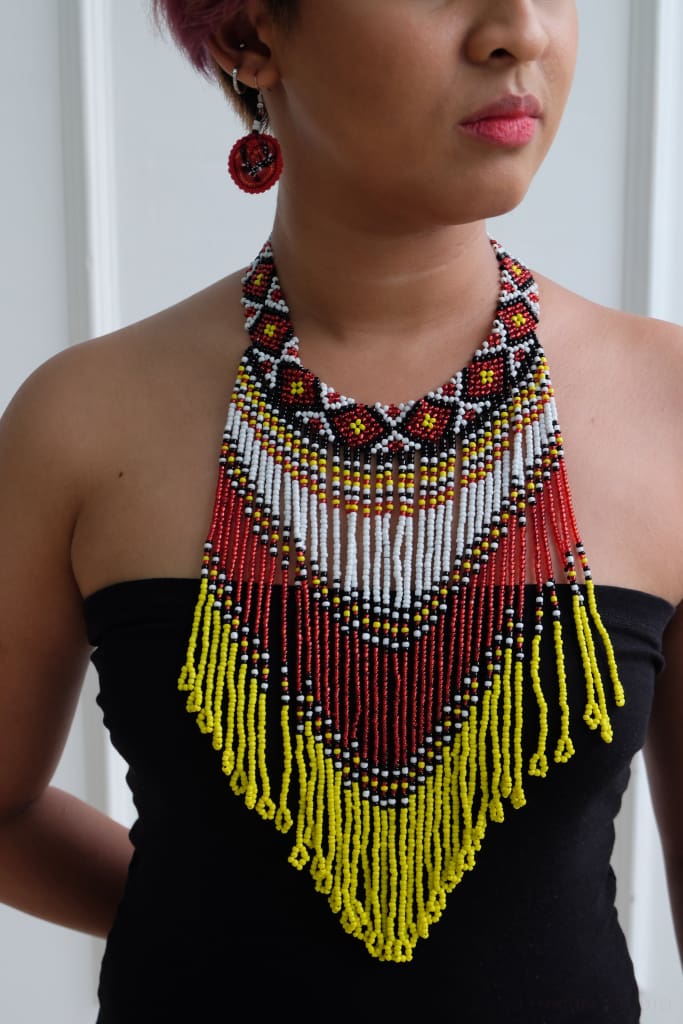 Tboli Hand-Beaded Necklace - Red &amp; Yellow Black Diamond Necklace